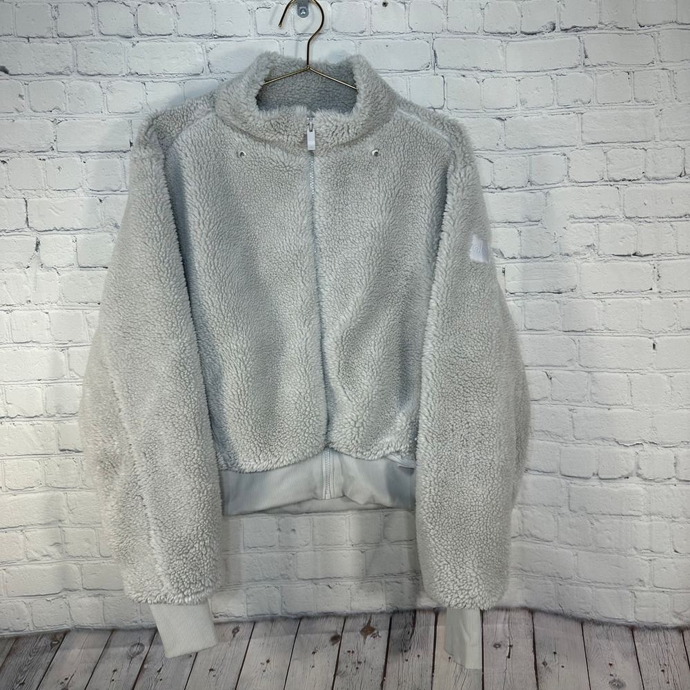 Alo Yoga Foxy Sherpa Jacket Grey Full Zip Faux Fur Bomber Womens